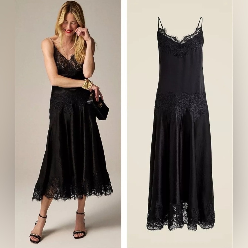 J Crew Collection | Black lace-trim slip dress in textured satin size: 4